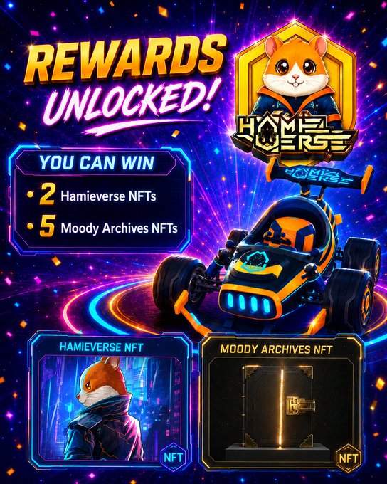 Hamieverse promotional graphic titled 'REWARDS UNLOCKED!' showing prizes of 2 Hamieverse NFTs and 5 Moody Archives NFTs, featuring a hamster mascot in a race car.