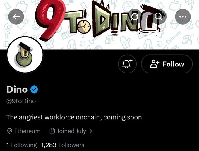 The image shows an X (Twitter) profile page for "Dino" (@9toDino), featuring a cartoon green dinosaur in a bomb helmet as the profile picture and banner with "9TO DINO" graffiti-style text. The bio reads "The angriest workforce onchain, coming soon," with the account based on Ethereum, joined in July, showing 1 following and 1,283 followers—matching the post's reference to the @9toDino project built on Ethereum with its angry dinosaur branding.