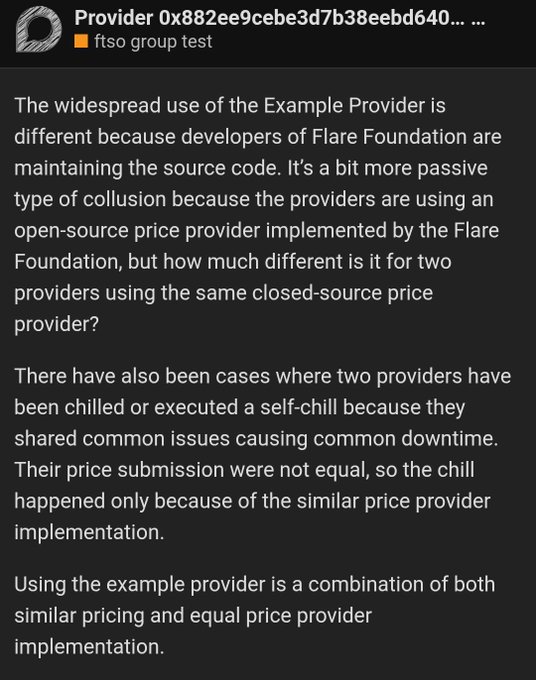 A screenshot of a Discord message from "Provider 0x882ee9cebe3d7b38eebd640..." in the "ftso group test" channel, discussing concerns about FTSO providers using the same Flare Foundation-maintained Example Provider code, raising issues of passive collusion and providers being chilled for shared downtime due to identical price provider implementations. The post highlights concerns about network integrity and calls for collective effort toward network adoption, framing the technical critique shown in the image as part of a broader debate about Flare's quality and shared goals.