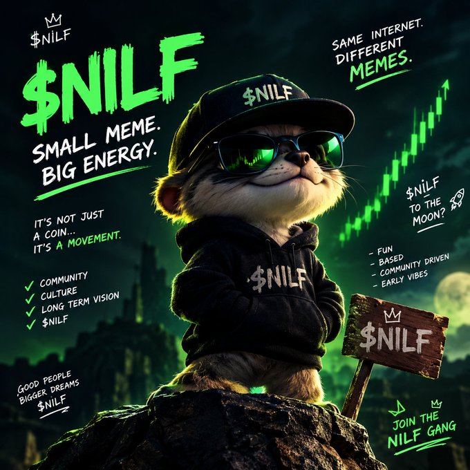 The image is a promotional graphic for "$NILF," featuring an anthropomorphic animal character wearing a "$NILF" cap and hoodie, with sunglasses reflecting a rising chart, against a moonlit backdrop. Surrounding text includes "SMALL MEME, BIG ENERGY," "SAME INTERNET, DIFFERENT MEMES," "IT'S NOT JUST A COIN... IT'S A MOVEMENT," "$NILF TO THE MOON?," "JOIN THE NILF GANG," and checklisted points like "COMMUNITY," "CULTURE," "LONG TERM VISION," and "FUN BASED, COMMUNITY DRIVEN, EARLY VIBES," tying directly to the post's theme of memes, culture, community, and lasting energy behind the ticker.