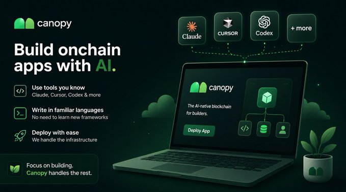 A Canopy advertisement promotes building onchain apps with AI using familiar tools like Claude, Cursor, and Codex.