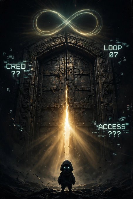 Digital artwork depicts a hooded figure facing massive glowing doors marked with 'CRED ??', 'LOOP 07', and 'ACCESS ???' beneath an infinity symbol.
