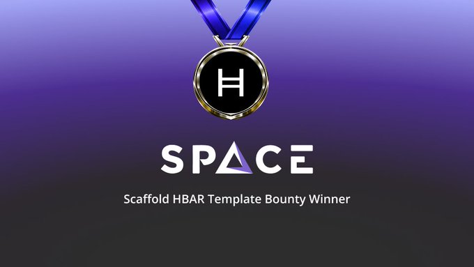 A purple award graphic shows a medal marked “H,” the word “SPACE,” and the caption “Scaffold HBAR Template Bounty Winner.”