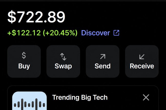 A cryptocurrency wallet app screenshot showing a balance of $722.89 with a gain of +$122.12 (+20.45%), along with Buy, Swap, Send, and Receive action buttons.