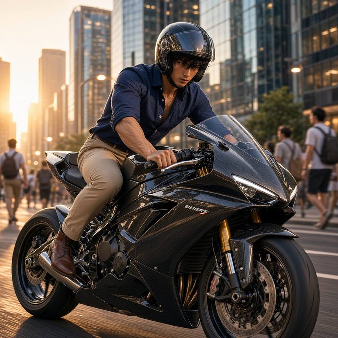 A muscular man wearing a black helmet and blue shirt riding a sleek black sport motorcycle through a sunlit urban street with tall buildings.