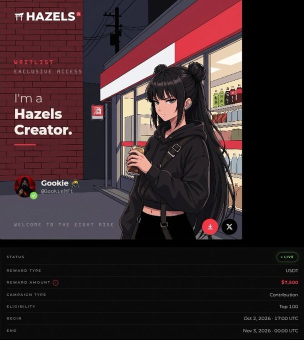 A promotional webpage for the HAZELS platform features anime-style artwork of a black-haired girl in a convenience store, displaying a USDT reward amount of $7,500 for a campaign ending Nov 3, 2026.