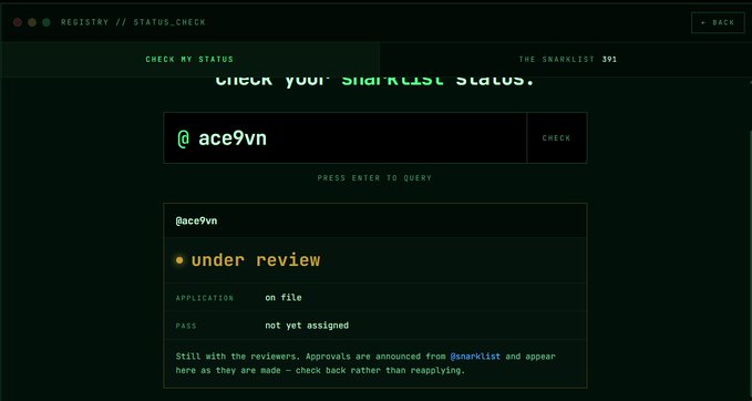 The image shows a status check page on the SnarkList registry displaying the username "@ace9vn" as "under review" with an "application on file" and "pass" listed as "not yet assigned," indicating the application is still being processed by reviewers. This relates to the post by showing that the user is in the queue waiting for approval to mint the NFT from the @zksnarks_ whitelist.