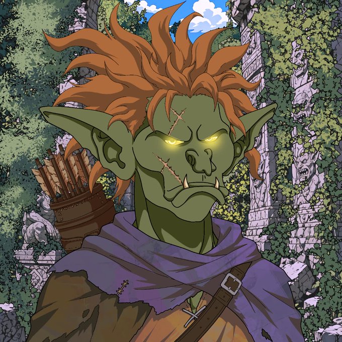 A fierce green-skinned goblin with glowing yellow eyes, wild orange hair, and facial scars stands before overgrown stone ruins, a quiver of arrows slung over its shoulder. The goblin warrior's menacing appearance ties into the post's promotion for "goblinverse.xyz," where 10 "gobz" will gain access to an upcoming launch—matching the goblin theme to brand the crypto project.