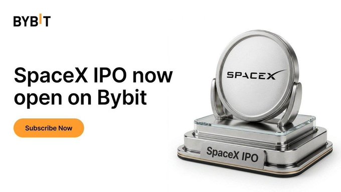 The image features a silver trophy with the word "SPACEX" written on it, placed on top of a metal stand. The text above the trophy reads "Bybit SpaceX IPO now open on Bybit". This suggests that the trophy is related to an event or competition involving space exploration and technology. The post also mentions that there are two ways to participate in this event: bybit and via ybit.