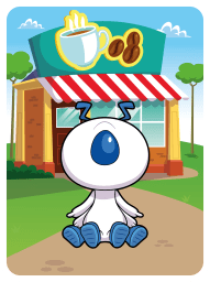 A cartoonish app icon features a small white octopus-like character with a single blue eye sitting in front of a coffee shop with a red and white striped awning.