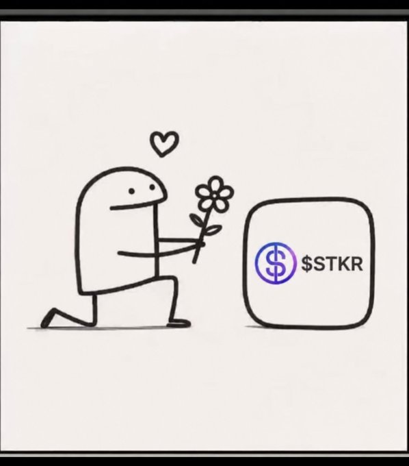 A simple black-and-white cartoon illustration shows a stick figure offering a flower to a block labeled '$STKR' with a heart floating above.