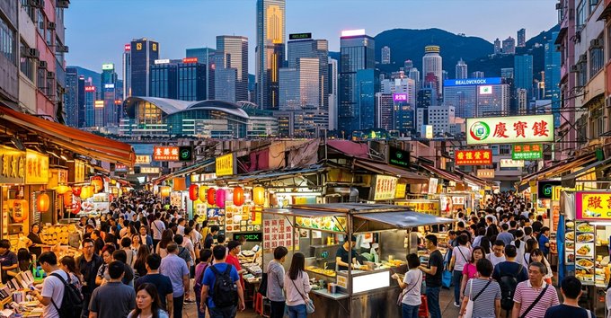 A bustling Hong Kong night market scene with crowds of shoppers, illuminated food stalls, and Chinese signage (including "廣賓樓") set against a dramatic skyline of skyscrapers and mountain backdrop. The image appears to be a typical busy cityscape with no visible Beldex logos, suggesting the post may be teasing a "Where's Waldo"-style challenge to spot hidden cryptocurrency branding within the detailed urban scene.