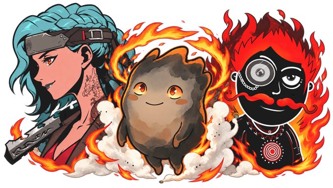 A stylized illustration showing a blue-haired anime character holding a gun on the left, a cute round dark creature engulfed in flames in the center, and a dark figure with red flame hair, a mustache, and a hypnotic eye on the right.