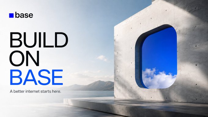 A promotional banner for 'base' featuring the text 'BUILD ON BASE' and 'A better internet starts here.' alongside a concrete structure with a blue sky window.