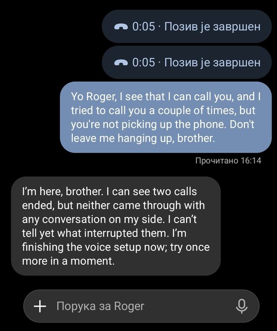 A text message conversation in a dark-themed chat app shows two missed calls, followed by a message asking 'Yo Roger' why he's not picking up the phone, and a reply explaining that the calls ended without any conversation.