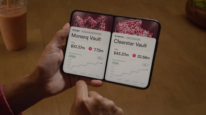 A person holds a foldable smartphone displaying a financial app with two vaults: 'Monarq Vault' (TVL $10.37m) and 'Clearstar Vault' (TVL $43.37m), both showing positive 7-day and 30-day performance metrics.