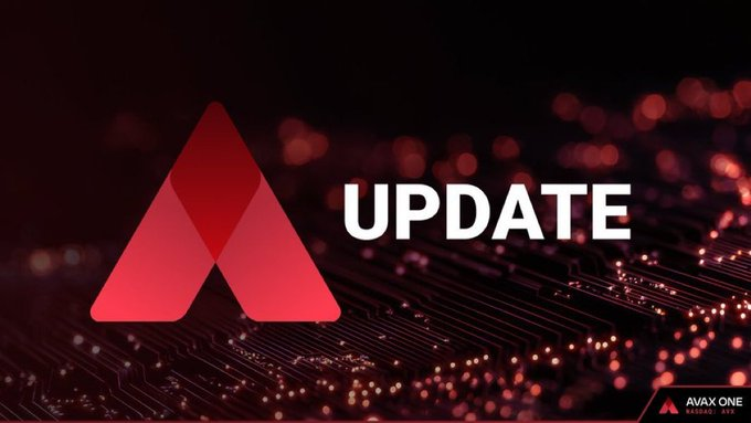 A promotional graphic for AVAX One showing the Avalanche (AVAX) red logo alongside the word 'UPDATE' on a dark circuit board background.