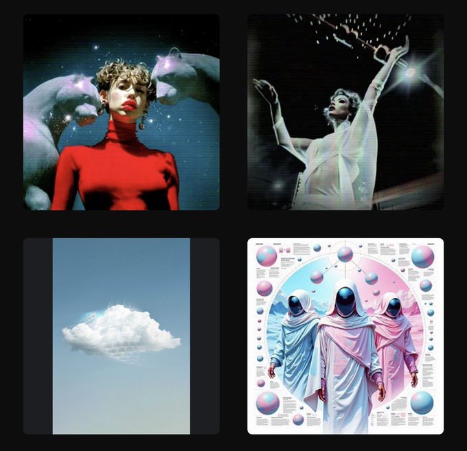 A collage of four surreal AI-generated images, including a woman surrounded by floating purple forms, a figure reaching toward a star, a cloud resembling a ship, and three cloaked figures in a circular composition.