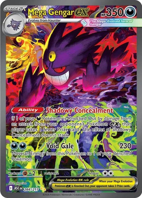 A Mega Gengar ex Pokémon trading card (HP 350, Stage 2) from the Ascended Heroes set, featuring the "Shadowy Concealment" ability and "Void Gale" attack, displayed alongside a post announcing its release as part of a large raw consignment available for TCG supporters with 0% consignment fee.