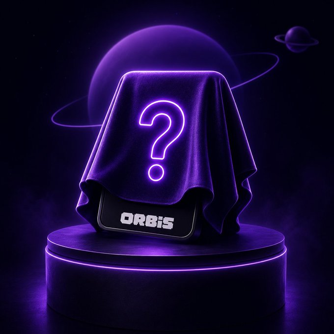 A 3D rendered image of a mysterious object covered by a purple cloth with a glowing neon question mark, sitting on a circular pedestal with the text 'ORBIS' visible underneath.