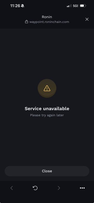 A smartphone screenshot showing a 'Service unavailable - Please try again later' error message on the Ronin website (waypoint.roninchain.com) with a 5G connection at 11:26.