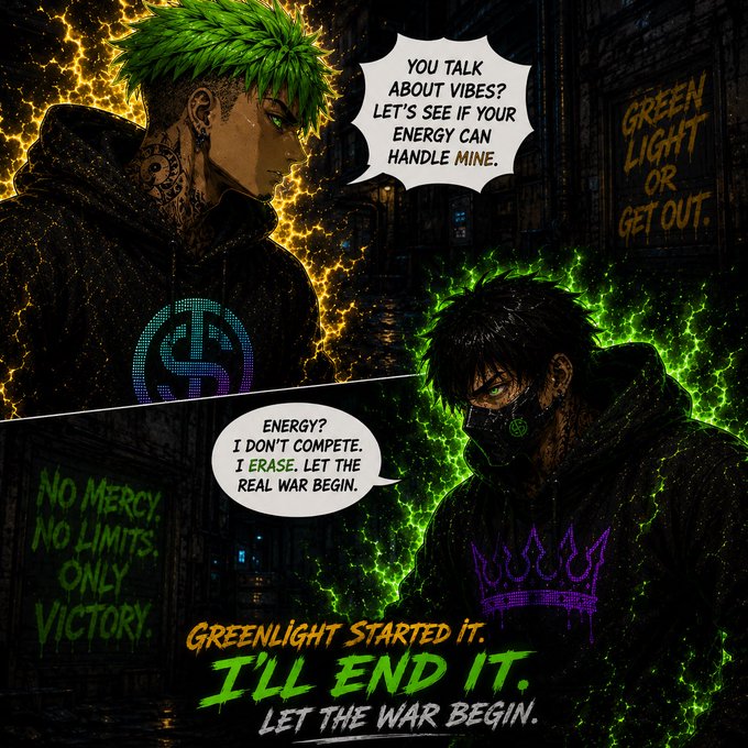 A comic-style image featuring two green-aura characters in hoodies facing off, with text including "GREEN LIGHT OR GET OUT," "NO MERCY. NO LIMITS. ONLY VICTORY," "GREENLIGHT STARTED IT. I'LL END IT. LET THE WAR BEGIN," and "$STKR"—visually mirroring the post's theme of energy-driven rivalry and a call to see who's truly built for the grind.