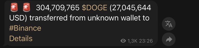 A dark notification message showing '304,709,765 $DOGE (27,045,644 USD) transferred from unknown wallet to #Binance' with timestamp 23:26 and 1,3K views.