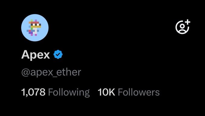 A Twitter/X profile page for 'Apex' (@apex_ether) showing 1,078 Following and 10K Followers, with a verified checkmark and pixel-art avatar.