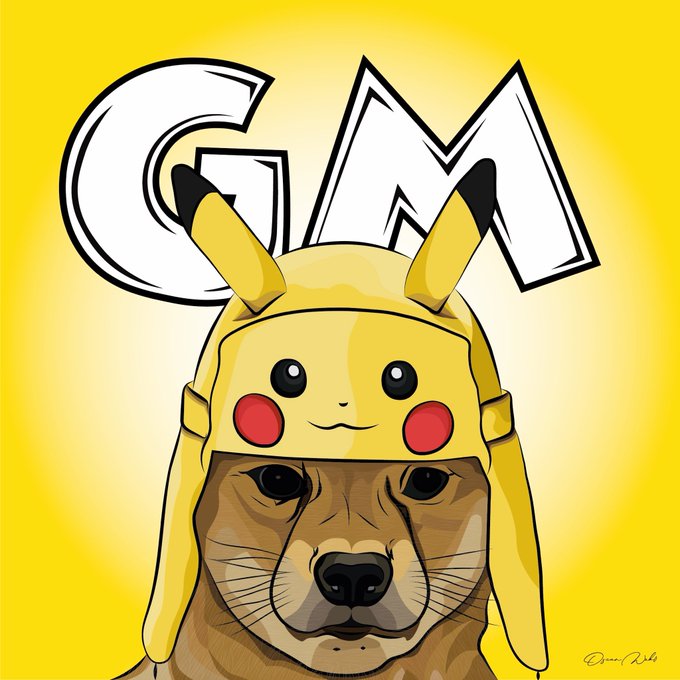A digital illustration shows a brown dog wearing a Pikachu hood against a yellow background with large white letters spelling 'GM'.