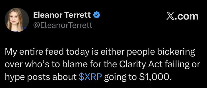 The image shows a tweet from Eleanor Terrett (@EleanorTerrett) observing that her feed is filled with arguments about the Clarity Act failing or hype about $XRP reaching $1,000, which aligns with the accompanying post mocking the unrealistic $1,000 XRP price prediction.