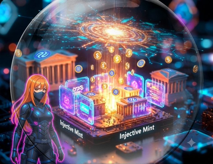 A vibrant digital artwork featuring a masked female character in dark armor next to a futuristic floating city labeled 'Injective Mint', with a cosmic background filled with coins and data streams.