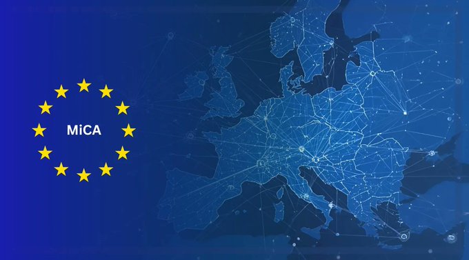EU MiCA (Markets in Crypto-Assets) regulation graphic featuring the European Union stars circle logo on the left and a digital map of Europe with network connections on the right.