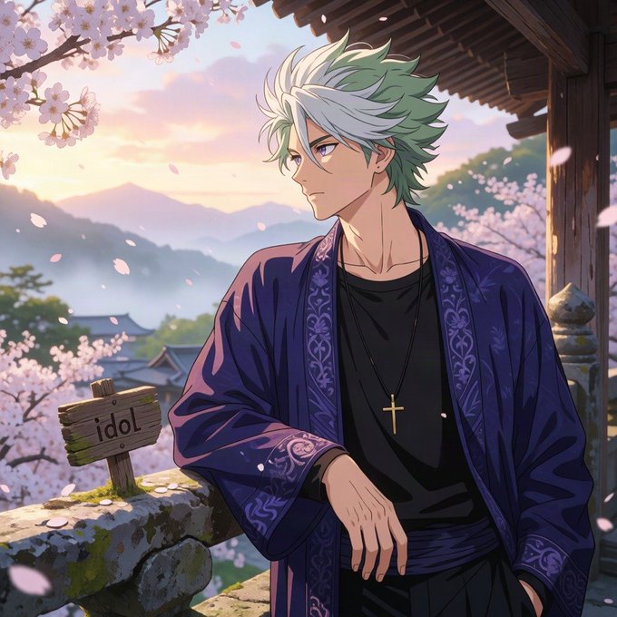 An anime-style illustration of a man with mint-green and white hair wearing a purple kimono, standing under cherry blossoms near a wooden sign that reads "idol."