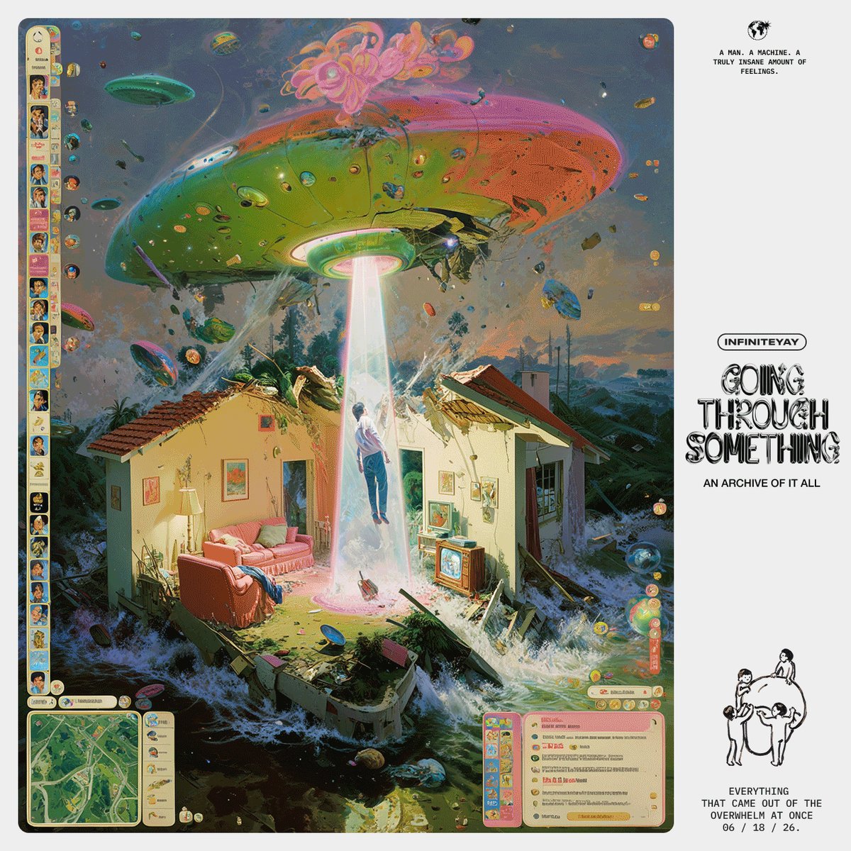 The image features a poster for an album called "going through something" by a band named "Mint". The poster includes a collage of various images, including a man standing under a UFO with a green and pink antennae, a house surrounded by water, and other elements that contribute to the overall theme. The post also mentions that the album is available for purchase at 7:14 am on Saturday, January 14th.