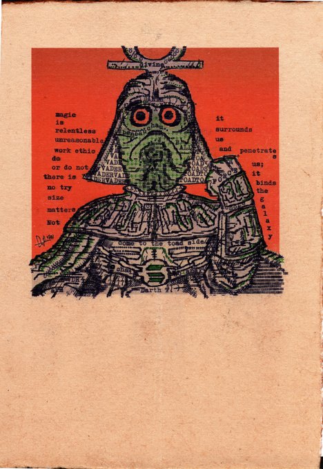 A mixed-media artwork on brown paper featuring a green, frog-like creature with a horned headpiece against a red background, composed of text collage including phrases like "magic is relentless unreasonable work ethic" and "it surrounds us and penetrates us; it binds the galaxy together," signed "DJpe." This piece, "Poet Toad #83," is described in the post as a collaborative creation between @benbauchau and @rinfitmonster, referencing a Star Wars-themed toad artwork with text reminiscent of the famous "Luminous beings are we" Yoda quote.