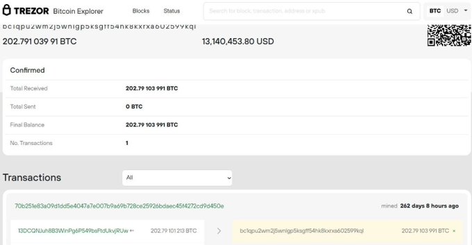 A screenshot from Trezor Bitcoin Explorer showing a Bitcoin wallet with a balance of 202.79103991 BTC (worth $13,140,453.80 USD) that has been dormant for 262 days, humorously highlighting the post's contrast between forgotten crypto accounts becoming massive windfalls and the author's own stagnant or losing investments.