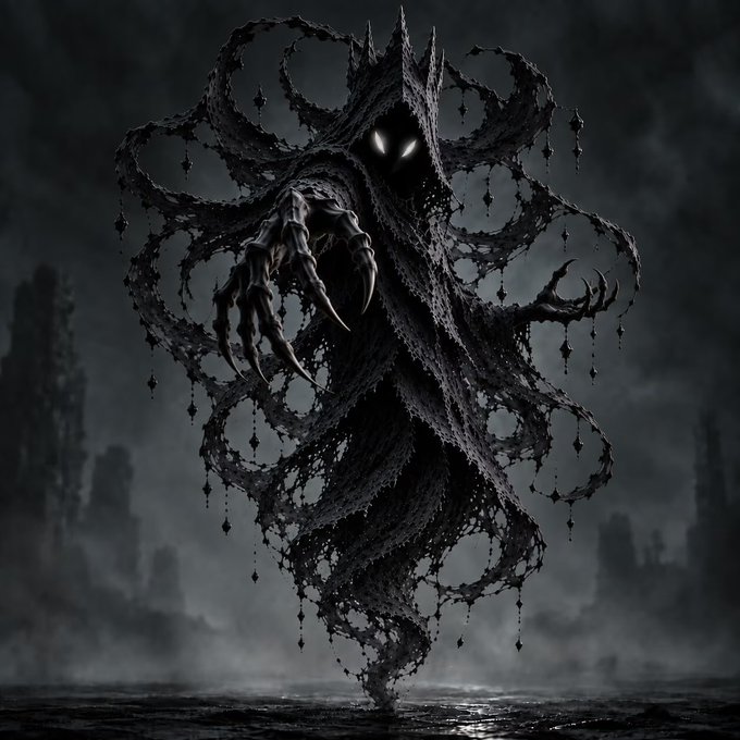 A dark, ominous digital illustration of a hooded, shadowy figure with glowing white eyes and long clawed hands, surrounded by intricate thorny, web-like patterns against a foggy background.