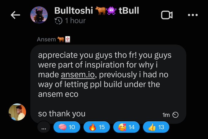 The image shows a screenshot from the "Bulltoshi 🐂👾tBull" Instagram story posted 1 hour ago, featuring a quoted message from Ansem stating: "appreciate you guys tho fr! you guys were part of inspiration for why i made ansem.io, previously i had no way of letting ppl build under the ansem eco. so thank you" — with 10 brains, 15 fire, 14 hearts, and 13 thumbs-up reactions, directly confirming the claim that Bulltoshi/tBull was an inspiration behind Ansem.io.