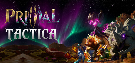 Promotional banner for the game "PRIMAL TACTICA" featuring a vibrant aurora-lit landscape with various creature characters (including a spiked beast and a figure with a staff) on the right side, matching the post's announcement of the roguelike autobattler demo using licensed Illuvium IP.