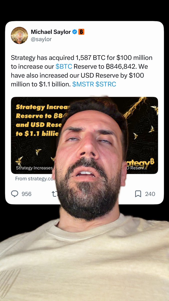 The image features a man with a beard wearing a white t-shirt, who appears to be a Twitter user. The post he has shared includes information about strategy investing, specifically mentioning that Strategy has acquired Bitcoins for $1,800 million at an exchange rate of 1:11 US dollar.
