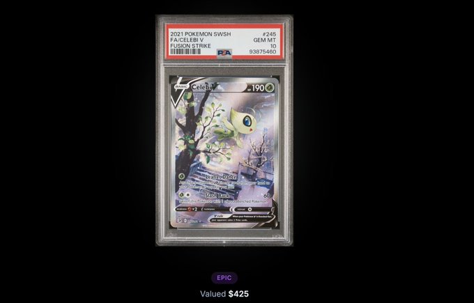 A PSA-graded Celebi V 2021 Pokémon SWSH Fusion Strike card #245, GEM MT 10, valued at $425, labeled as EPIC.
