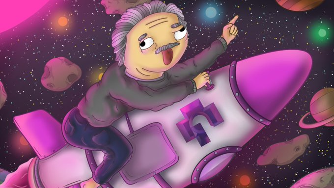 A cartoon illustration depicts a mustachioed man with gray hair excitedly riding a pink rocket through a starry purple cosmos filled with planets and asteroids, pointing upward, with a stylized "G" logo on the rocket's side, symbolizing the upward momentum and community enthusiasm for Genius ($BNB) mentioned in the post.