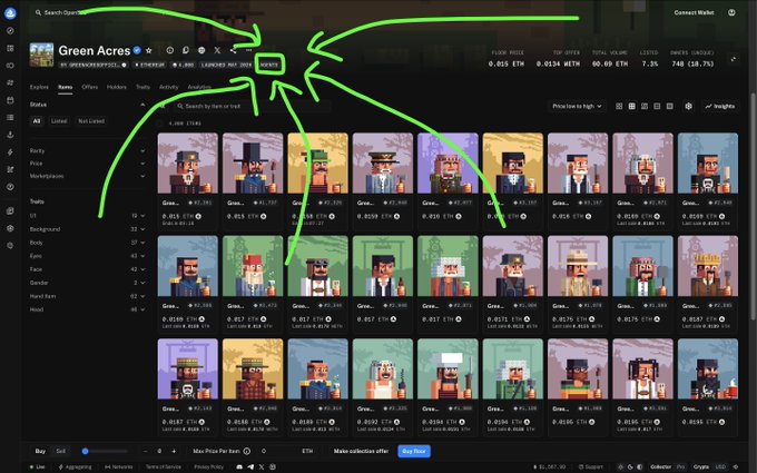 The image shows an OpenSea NFT collection page for "Green Acres" (contract address ending in 8659), displaying pixel-art character NFTs with pixelated trait designs such as top hats, monocles, and beards, each listed with prices around 0.013-0.02 ETH. The Green Arrows drawn on the image point to the contract address near the top of the page, highlighting it for viewers. The post context suggests this is being shared to demonstrate the project's presence and activity on OpenSea's marketplace, emphasizing transparency and involvement in AI and NFT innovation.