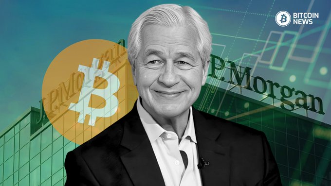 Jamie Dimon, CEO of JPMorgan, is featured in this Bitcoin News image, set against a backdrop displaying a Bitcoin logo and the JPMorgan Chase building signage, visually tying the bank's first-ever inclusion of Bitcoin in its long-term capital market forecasts to its leadership.