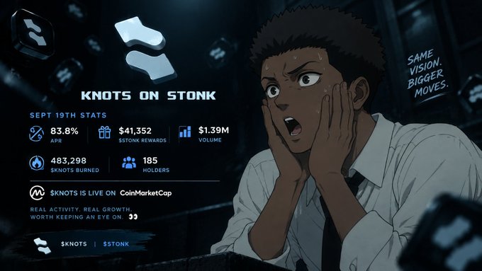 A promotional graphic for 'KNOTS ON $TONK' featuring an anime character with shocked expression and stats including 83.8% APR, $41,352 rewards, and 483,298 knots burned.