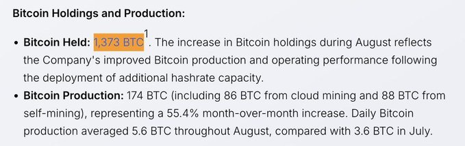 Financial report snippet showing Bitcoin Holdings and Production data: 1,373 BTC held and 174 BTC produced in August (55.4% month-over-month increase), with daily production averaging 5.6 BTC vs 3.6 BTC in July.