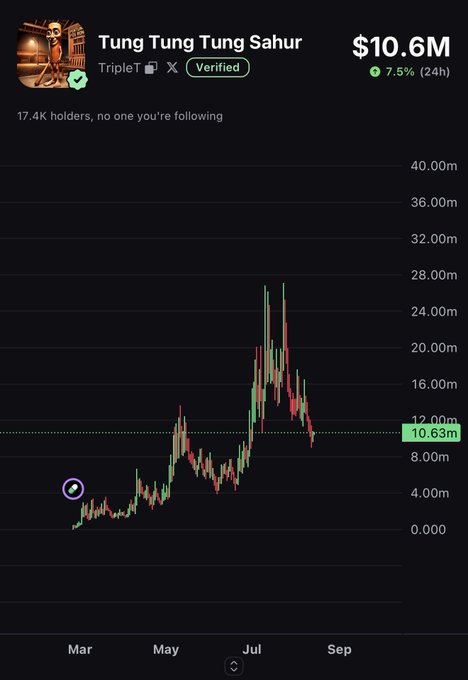 A screenshot of a price chart for "Tung Tung Tung Sahur" showing a market cap of $10.6M, down 7.5% over 24 hours, with 17.4K holders. The chart depicts a dramatic rally peaking near $28M in mid-summer before pulling back to the $10.63M highlighted level, visually supporting the post's argument that despite recent volatility, maintaining some exposure to the token is worthwhile rather than fading it entirely.
