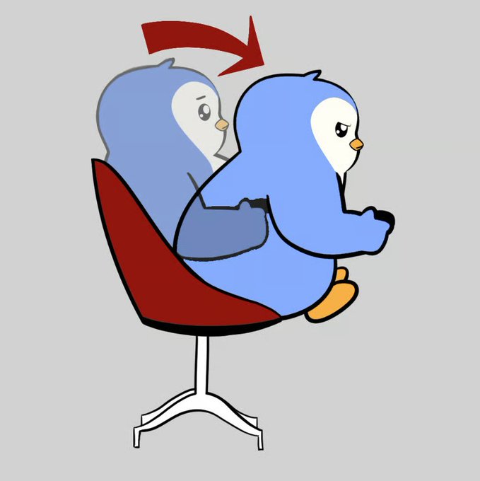 A simple cartoon drawing of a blue penguin sitting on a chair, with a faded reflection behind it and a red arrow pointing to the front penguin.