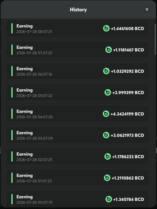 A "History" panel displays a series of "Earning" entries with timestamps from July 28, 2026, showing BCD rewards ranging from approximately +1.0329292 BCD to +4.3424199 BCD at roughly one-hour intervals, illustrating the steady passive income generated from staking $BC as referenced in the post.