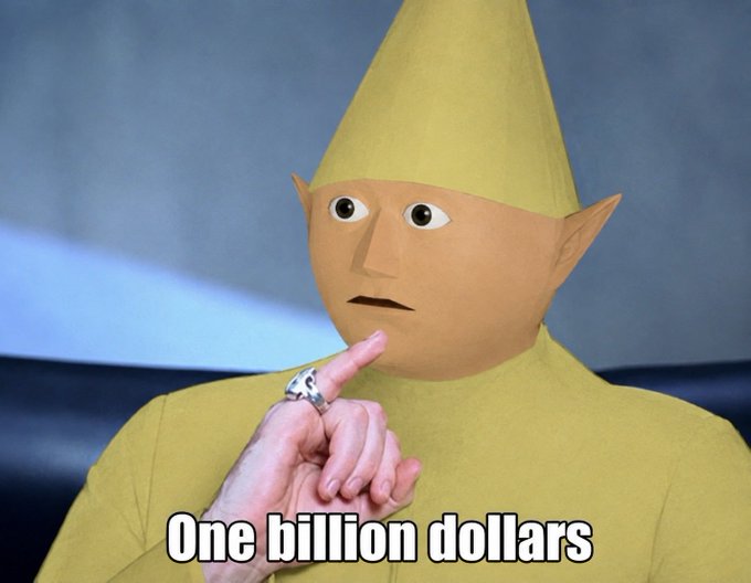 A person wearing a yellow cone-shaped hat with pointed ears poses thoughtfully with their finger on their chin, accompanied by the text "One billion dollars." The image humorously amplifies the post's already ambitious price target for $NASDANQ, exaggerating the bullish sentiment by envisioning even loftier valuations.